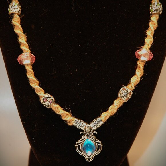 Bohemian Lotus Cabochon Teardrop Moonstone on a 20 1/4" Handmade Hemp Necklace - Picture 2 of 5